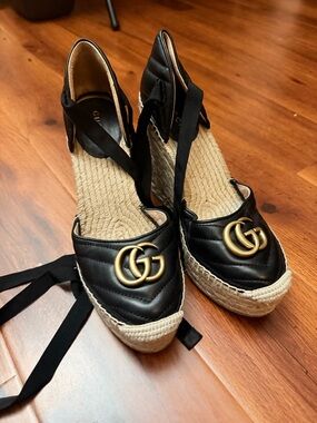 Gucci Black Leather GG Espadrille Wedge Sandals with Gold Logo
